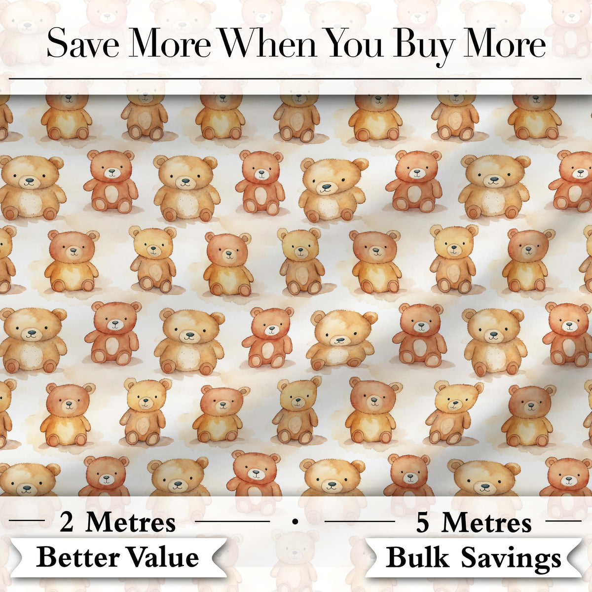 Watercolor Cute Teddy Bear Soft Pastel Seamless Pattern Digital Print Fabric by the Metre UK Sewing Quilting Textile