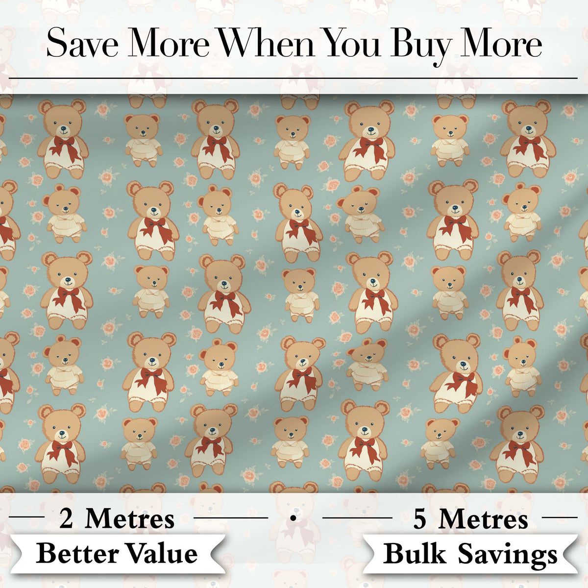Cute Teddy Bears in Dresses with Floral Background Seamless Pattern Digital Print Fabric by the Metre UK Sewing Quilting Textile