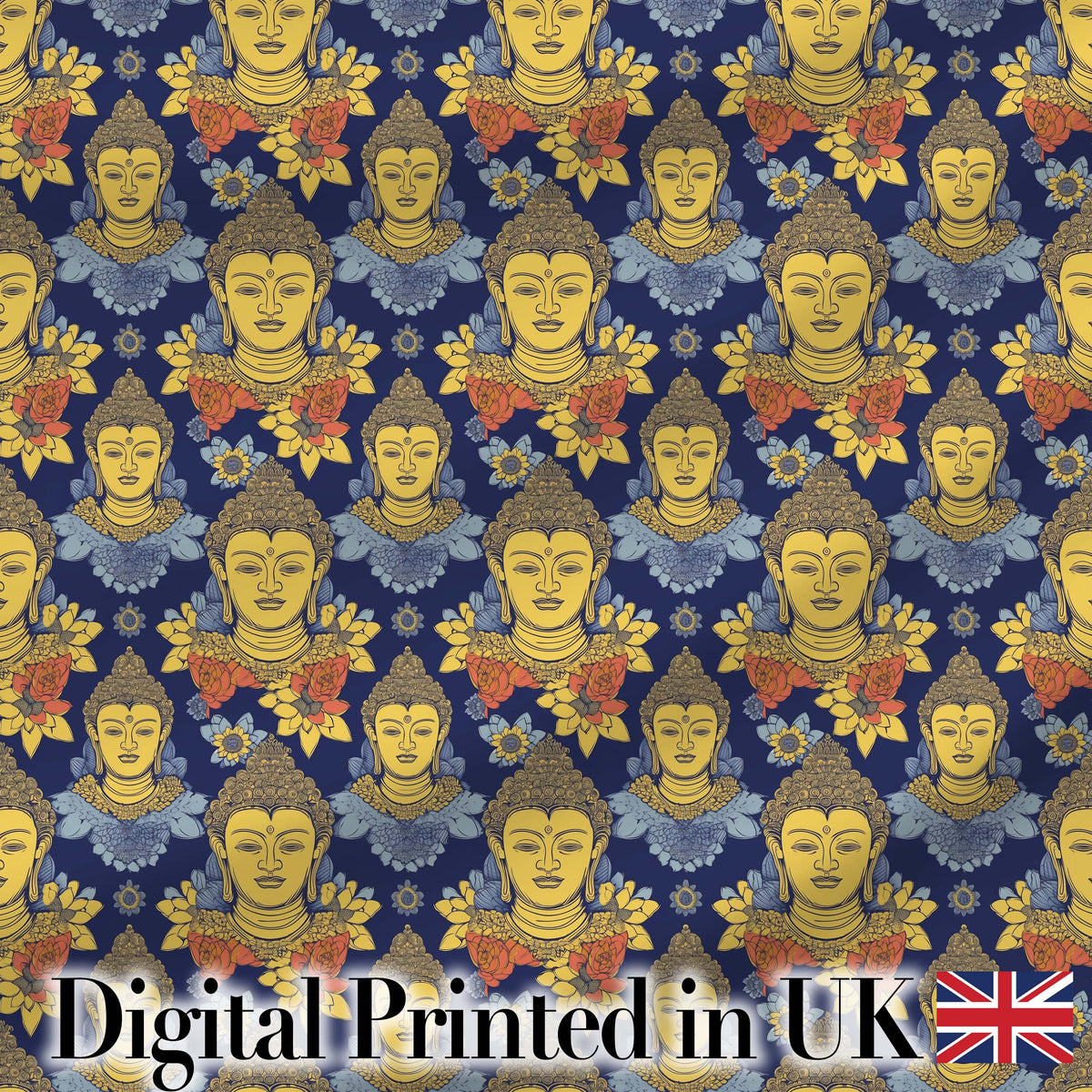 Golden Buddha Faces with Floral Elements Seamless Pattern Digital Print Fabric by the Metre UK Sewing Quilting Textile