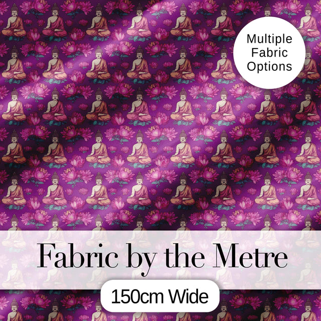 Meditating Buddha with Lotus Flowers Purple Seamless Pattern Digital Print Fabric by the Metre UK Sewing Quilting Textile