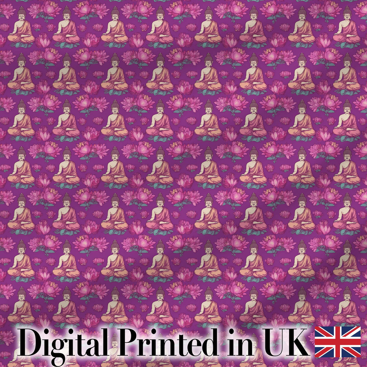 Meditating Buddha with Lotus Flowers Purple Seamless Pattern Digital Print Fabric by the Metre UK Sewing Quilting Textile