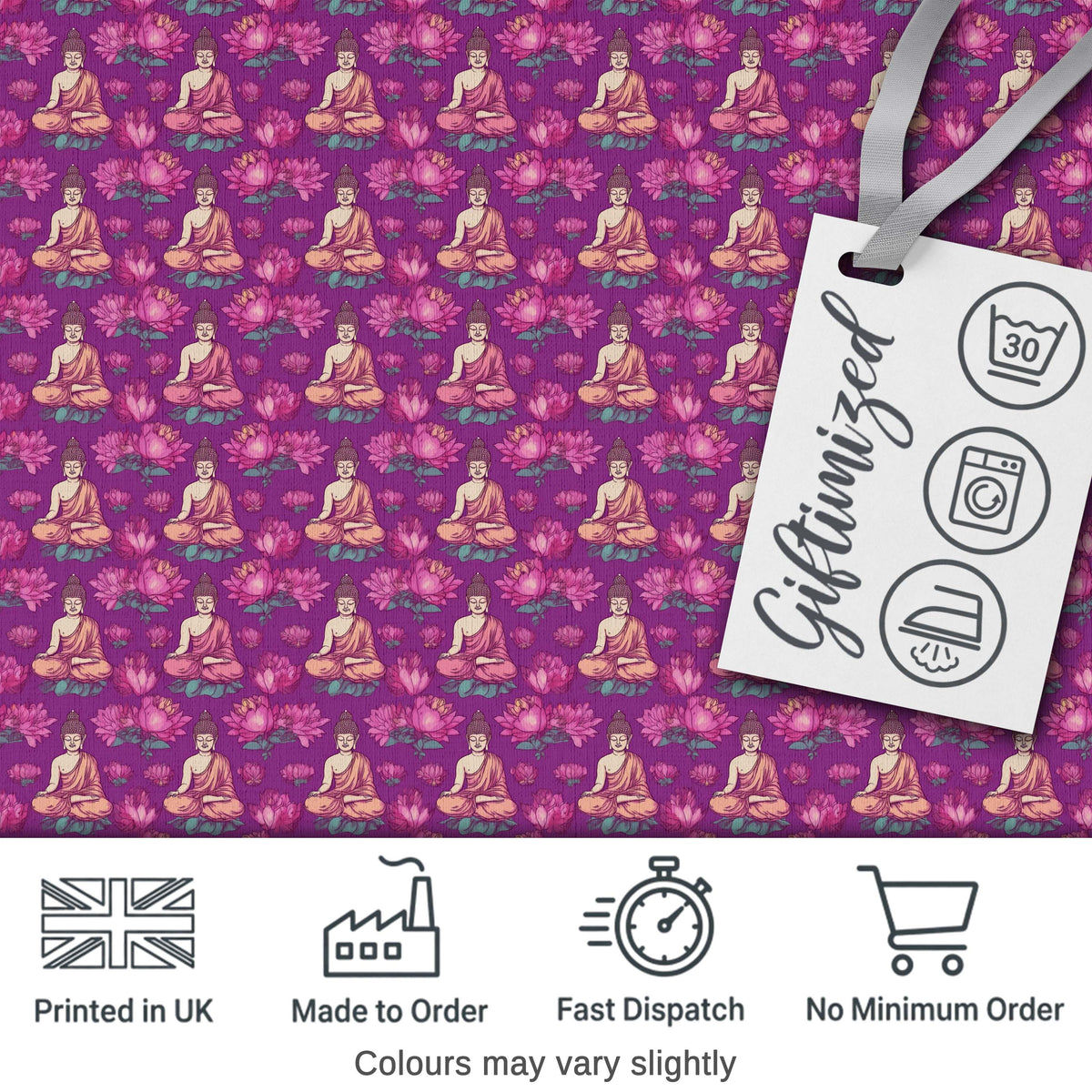 Meditating Buddha with Lotus Flowers Purple Seamless Pattern Digital Print Fabric by the Metre UK Sewing Quilting Textile