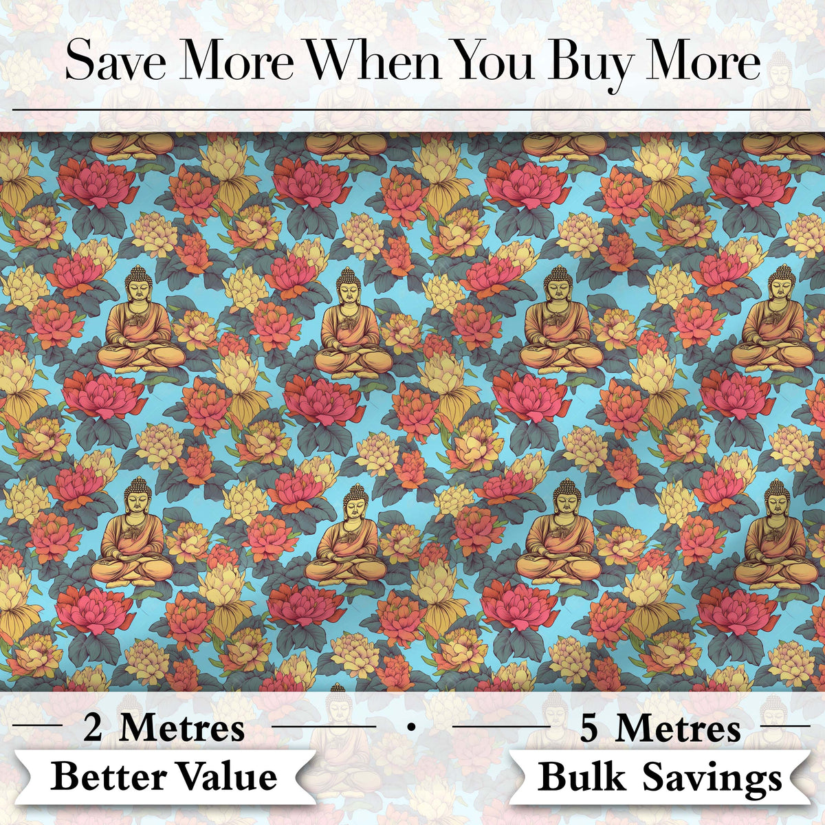 Buddha with Vibrant Floral Garden Blue Background Seamless Pattern Digital Print Fabric by the Metre UK Sewing Quilting Textile