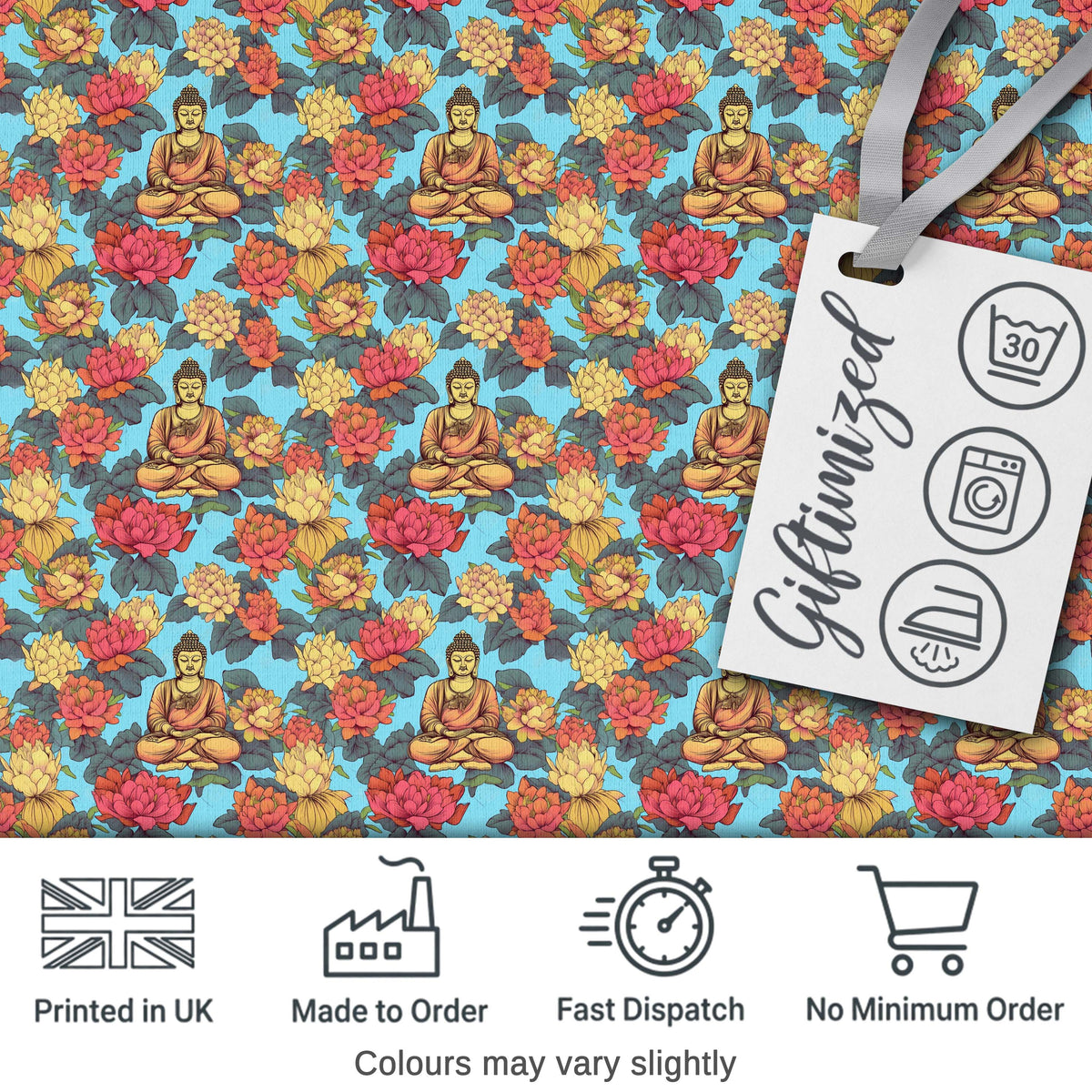 Buddha with Vibrant Floral Garden Blue Background Seamless Pattern Digital Print Fabric by the Metre UK Sewing Quilting Textile