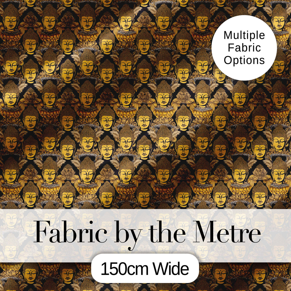 Golden Buddha Faces Ornate Pattern on Black Seamless Design Digital Print Fabric by the Metre UK Sewing Quilting Textile