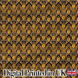 Golden Buddha Faces Ornate Pattern on Black Seamless Design Digital Print Fabric by the Metre UK Sewing Quilting Textile