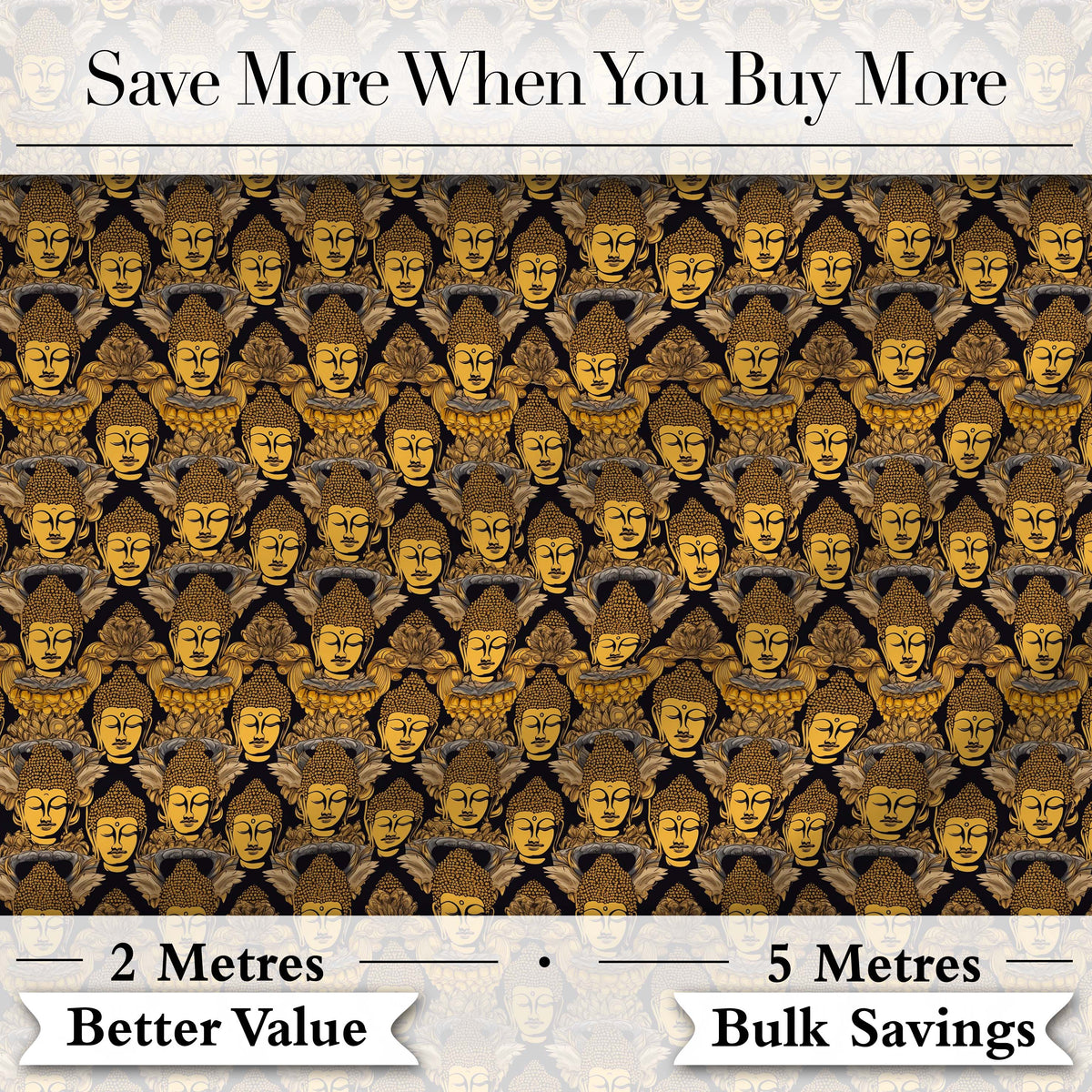 Golden Buddha Faces Ornate Pattern on Black Seamless Design Digital Print Fabric by the Metre UK Sewing Quilting Textile