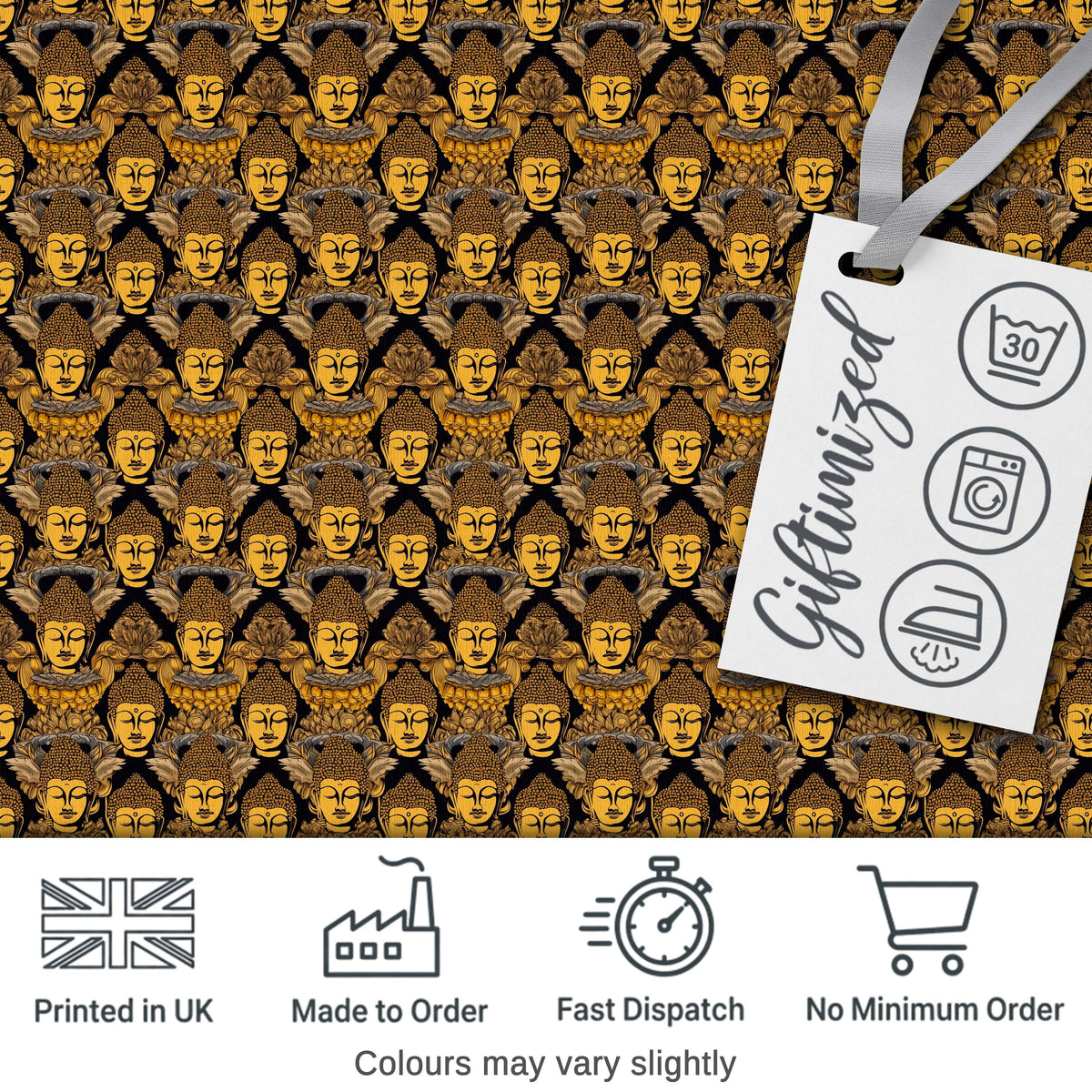 Golden Buddha Faces Ornate Pattern on Black Seamless Design Digital Print Fabric by the Metre UK Sewing Quilting Textile