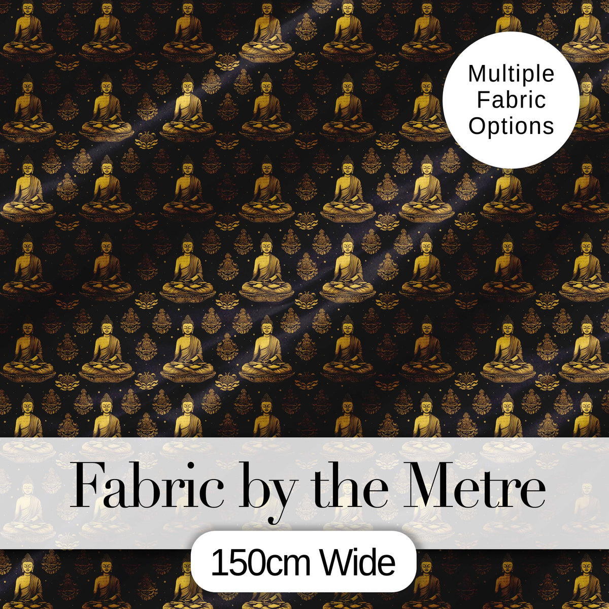 Elegant Sitting Buddha with Decorative Motifs Black Seamless Pattern Digital Print Fabric by the Metre UK Sewing Quilting Textile
