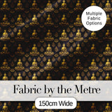 Elegant Sitting Buddha with Decorative Motifs Black Seamless Pattern Digital Print Fabric by the Metre UK Sewing Quilting Textile