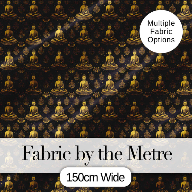 Elegant Sitting Buddha with Decorative Motifs Black Seamless Pattern Digital Print Fabric by the Metre UK Sewing Quilting Textile