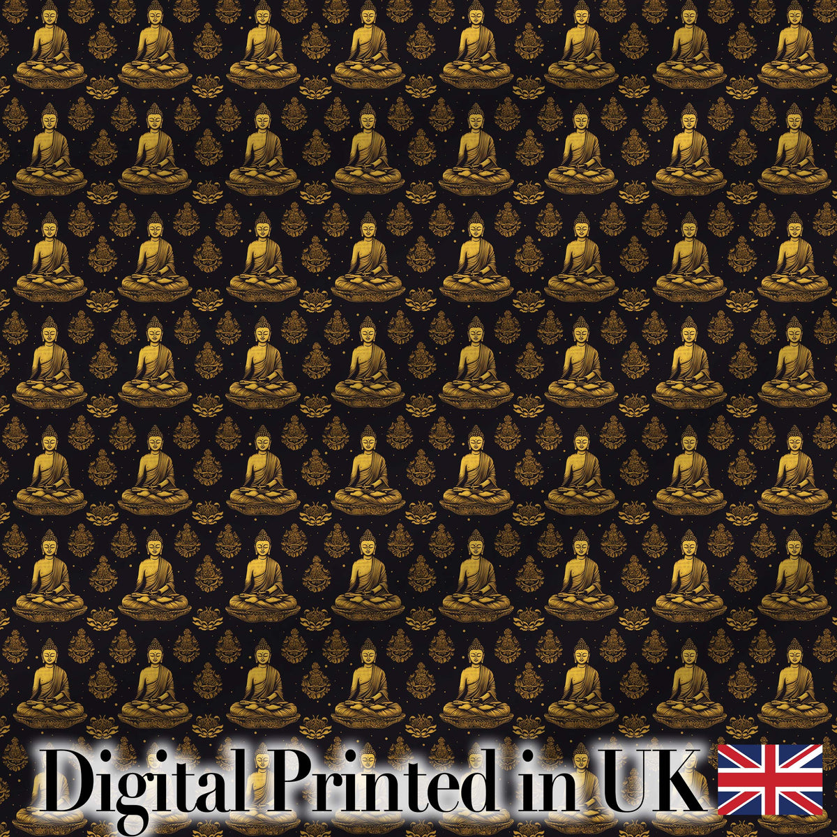 Elegant Sitting Buddha with Decorative Motifs Black Seamless Pattern Digital Print Fabric by the Metre UK Sewing Quilting Textile