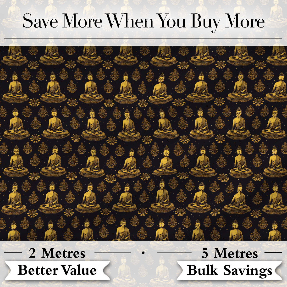 Elegant Sitting Buddha with Decorative Motifs Black Seamless Pattern Digital Print Fabric by the Metre UK Sewing Quilting Textile