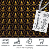 Elegant Sitting Buddha with Decorative Motifs Black Seamless Pattern Digital Print Fabric by the Metre UK Sewing Quilting Textile