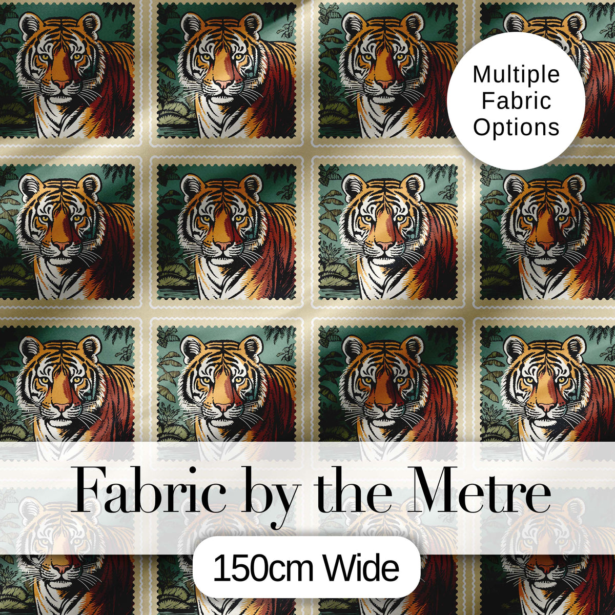Vintage Tiger Portrait Stamp Style Seamless Pattern Digital Print Fabric by the Metre UK Sewing Quilting Textile