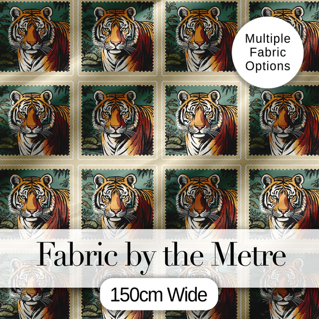 Vintage Tiger Portrait Stamp Style Seamless Pattern Digital Print Fabric by the Metre UK Sewing Quilting Textile