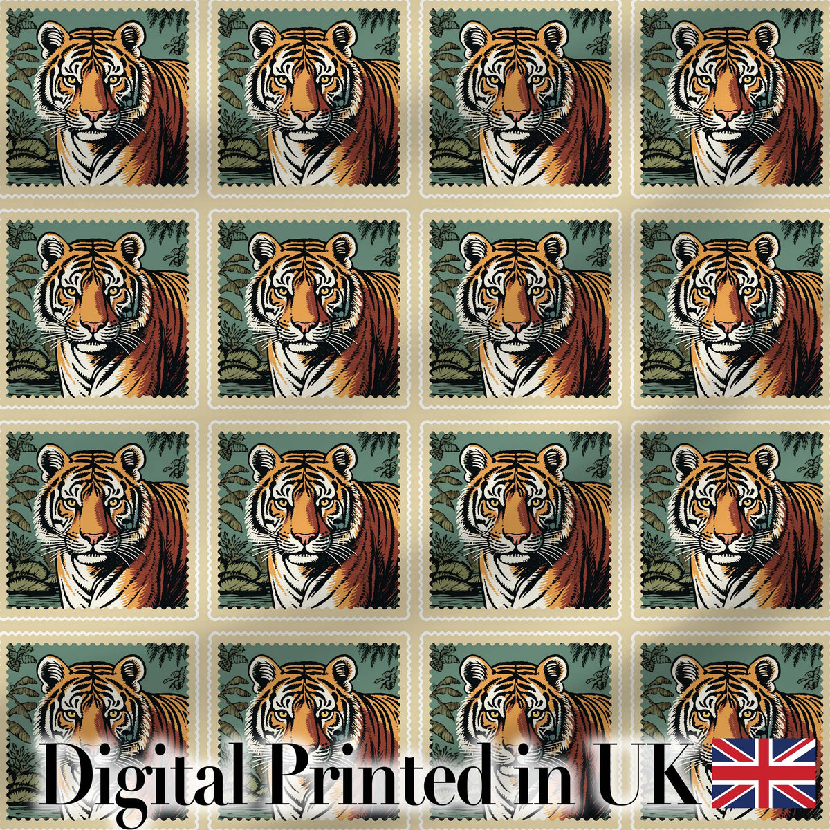 Vintage Tiger Portrait Stamp Style Seamless Pattern Digital Print Fabric by the Metre UK Sewing Quilting Textile