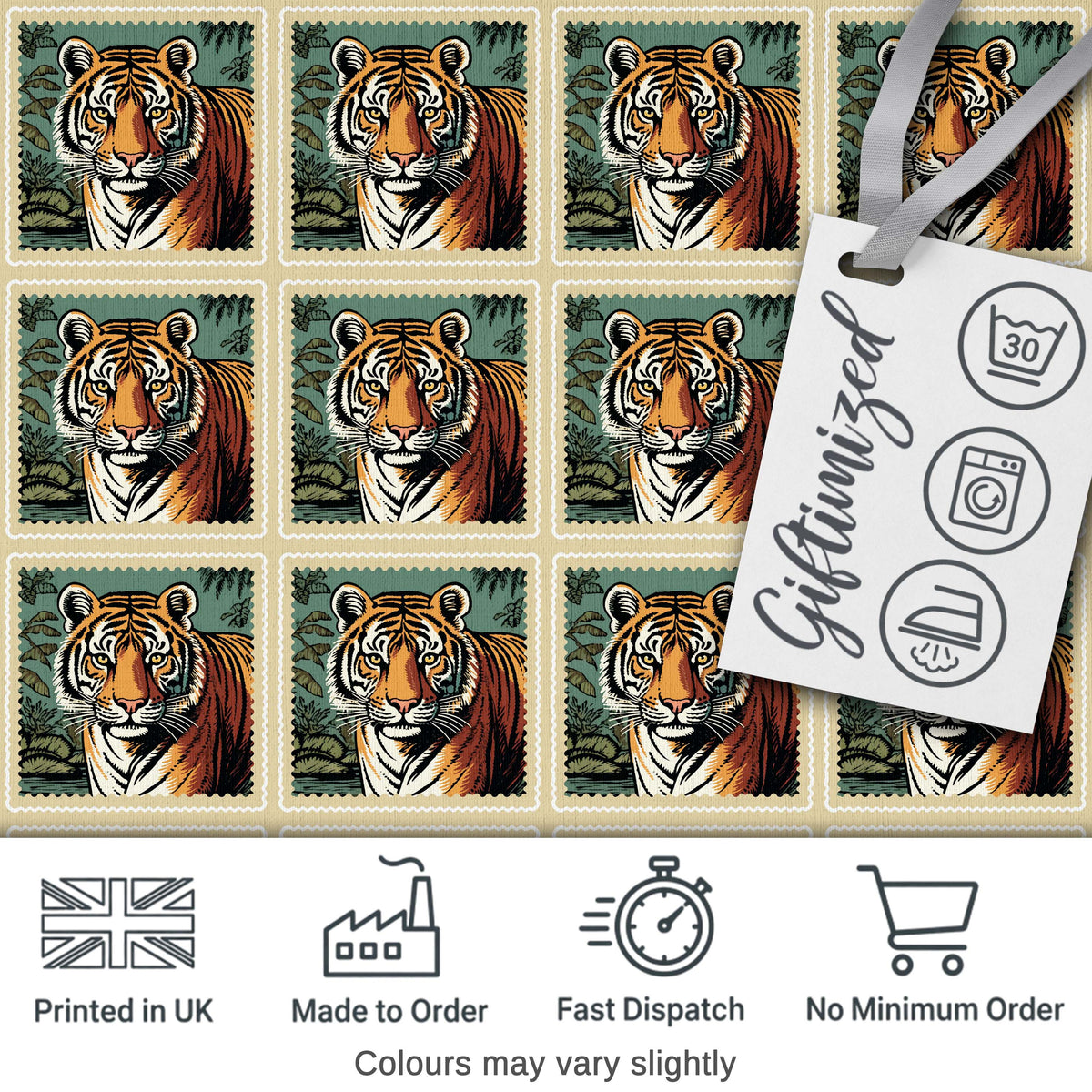 Vintage Tiger Portrait Stamp Style Seamless Pattern Digital Print Fabric by the Metre UK Sewing Quilting Textile