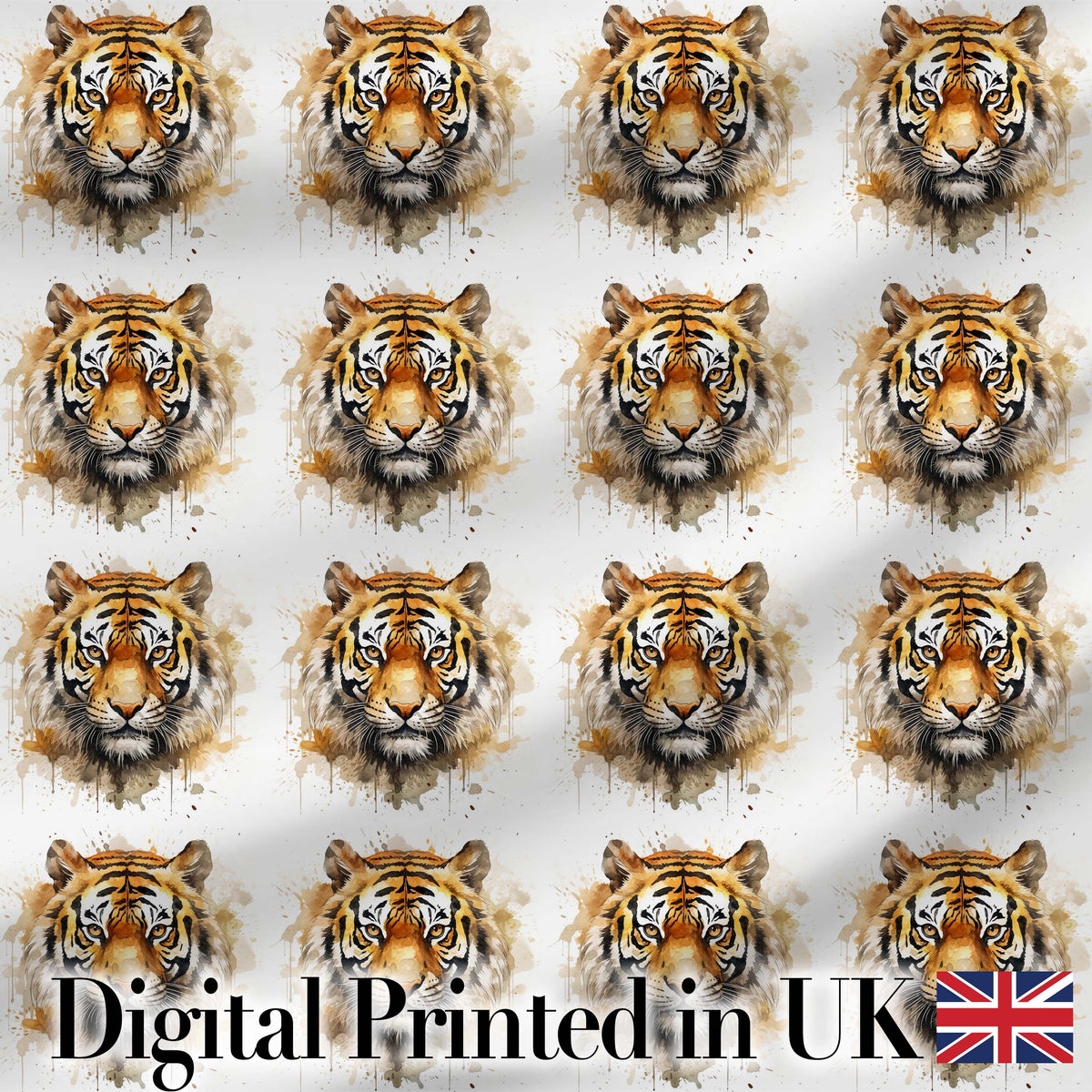 Watercolor Tiger Face Artistic Seamless Pattern Digital Print Fabric by the Metre UK Sewing Quilting Textile