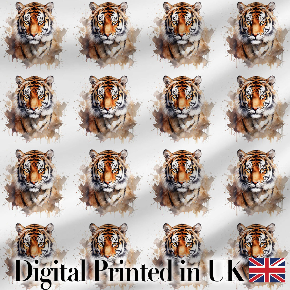 Realistic Tiger Portrait Splash Art Seamless Pattern Digital Print Fabric by the Metre UK Sewing Quilting Textile