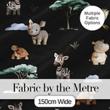 Cute Safari Animals Zebra Turtle on Black Seamless Pattern Digital Print Fabric by the Metre UK Sewing Quilting Textile