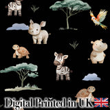 Cute Safari Animals Zebra Turtle on Black Seamless Pattern Digital Print Fabric by the Metre UK Sewing Quilting Textile