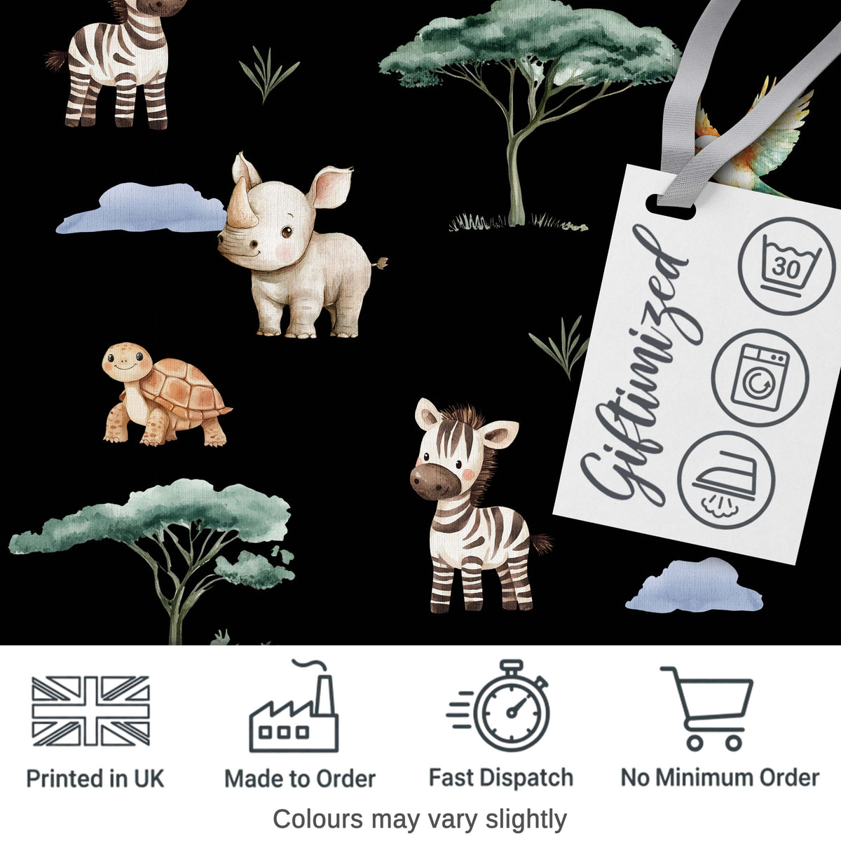 Cute Safari Animals Zebra Turtle on Black Seamless Pattern Digital Print Fabric by the Metre UK Sewing Quilting Textile