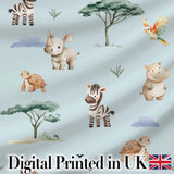 Cute Safari Animals Zebra Rhino Turtle Teal Seamless Pattern Digital Print Fabric by the Metre UK Sewing Quilting Textile