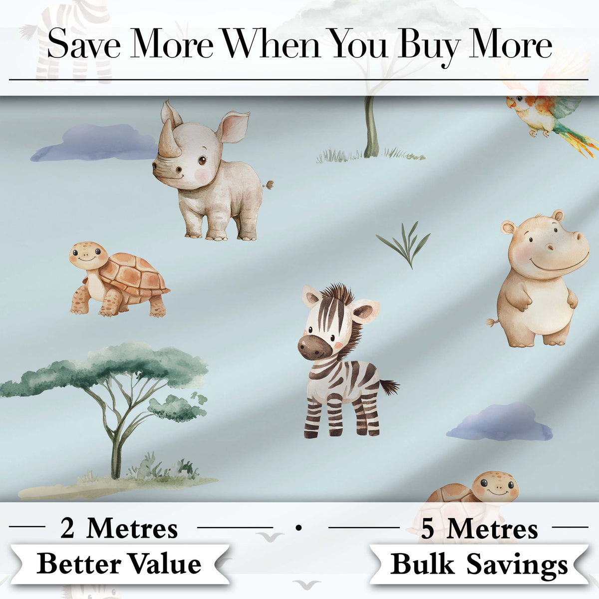 Cute Safari Animals Zebra Rhino Turtle Teal Seamless Pattern Digital Print Fabric by the Metre UK Sewing Quilting Textile