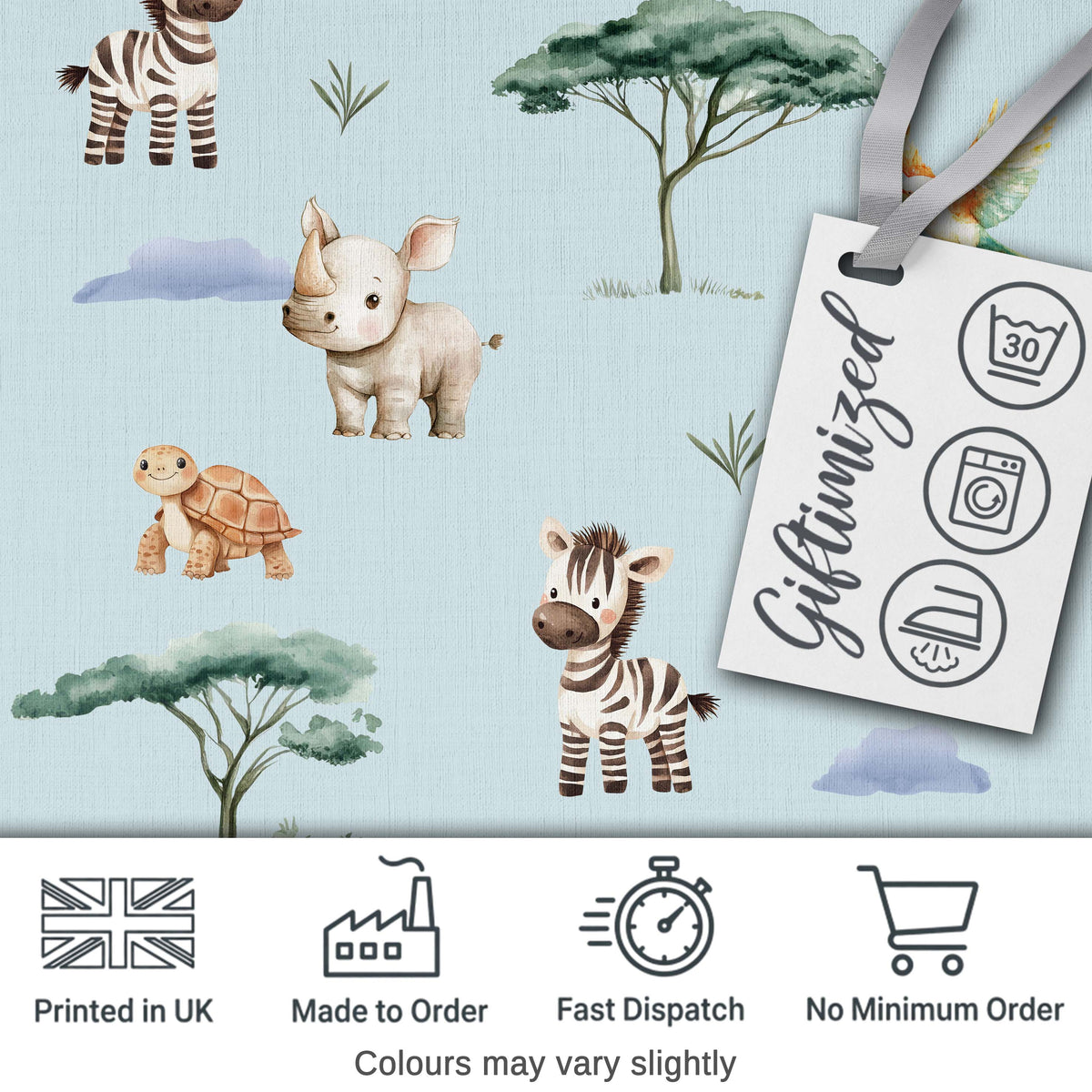Cute Safari Animals Zebra Rhino Turtle Teal Seamless Pattern Digital Print Fabric by the Metre UK Sewing Quilting Textile