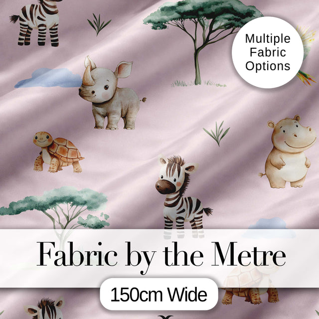 Cute Safari Animals Zebra Rhino Turtle Pink Seamless Pattern Digital Print Fabric by the Metre UK Sewing Quilting Textile