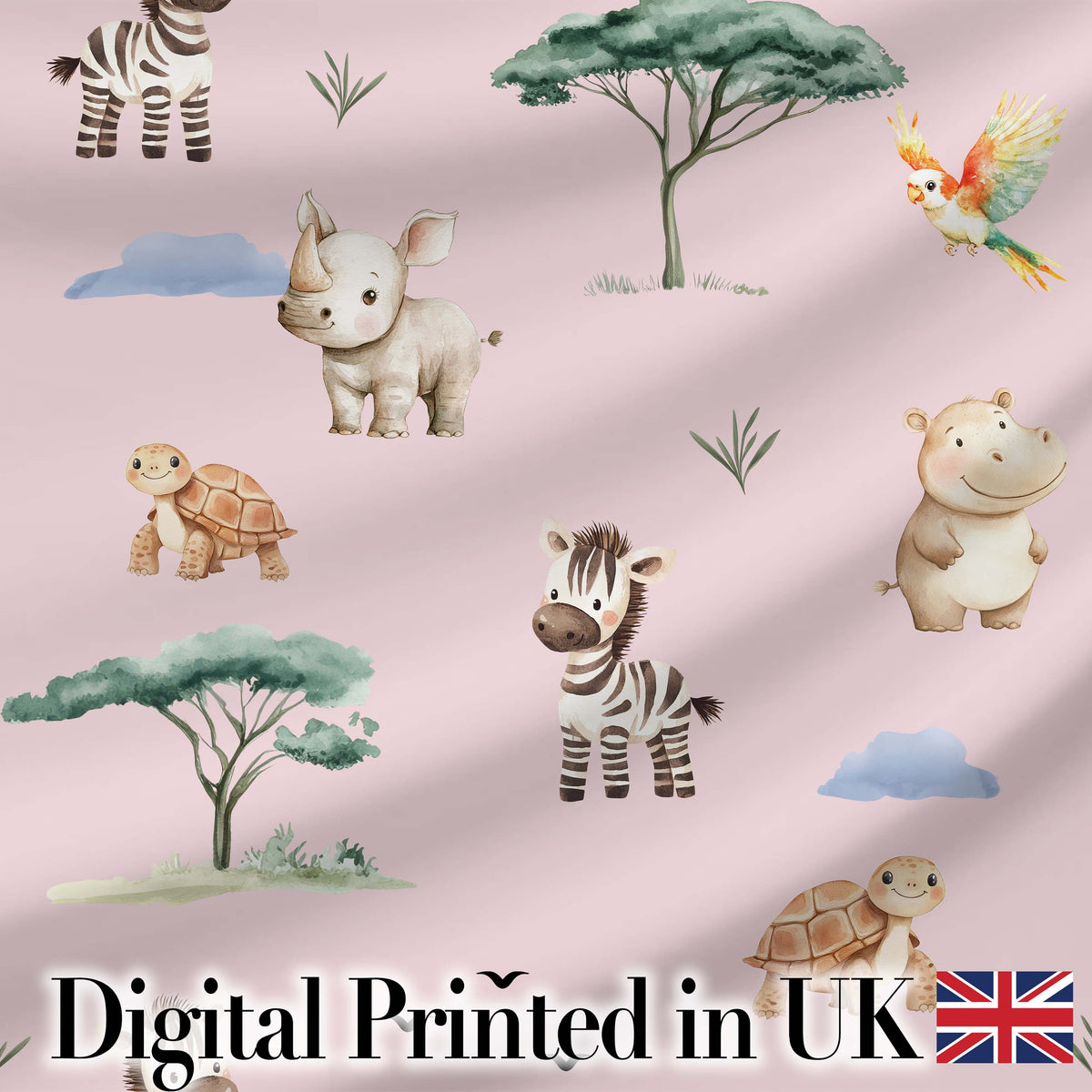 Cute Safari Animals Zebra Rhino Turtle Pink Seamless Pattern Digital Print Fabric by the Metre UK Sewing Quilting Textile
