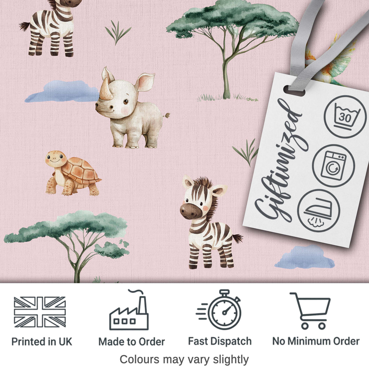 Cute Safari Animals Zebra Rhino Turtle Pink Seamless Pattern Digital Print Fabric by the Metre UK Sewing Quilting Textile