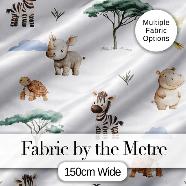 Cute Safari Animals Zebra Rhino Turtle with Trees Neutral Background   Digital Print Fabric by the Metre UK Sewing Quilting Textile