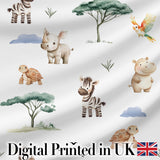 Cute Safari Animals Zebra Rhino Turtle with Trees Neutral Background   Digital Print Fabric by the Metre UK Sewing Quilting Textile
