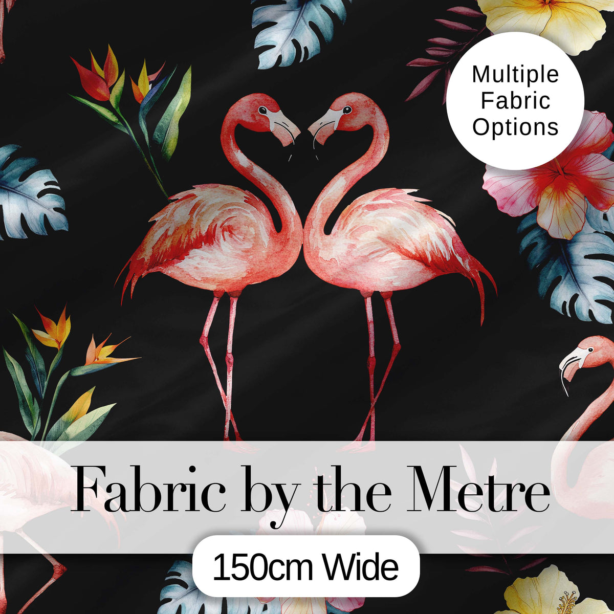 Elegant Pink Flamingos Tropical Flowers on Black Background Seamless Pattern Digital Print Fabric by the Metre UK Sewing Quilting Textile