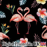 Elegant Pink Flamingos Tropical Flowers on Black Background Seamless Pattern Digital Print Fabric by the Metre UK Sewing Quilting Textile