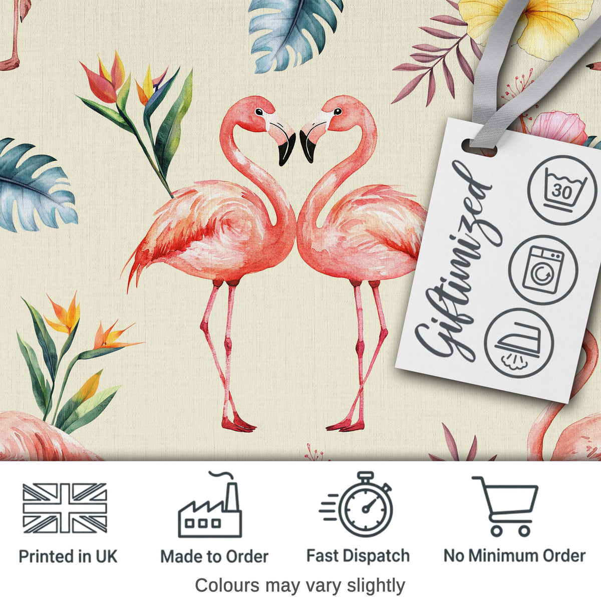 Elegant Pink Flamingos Tropical Flowers on Beige Background Seamless Pattern Digital Print Fabric by the Metre UK Sewing Quilting Textile