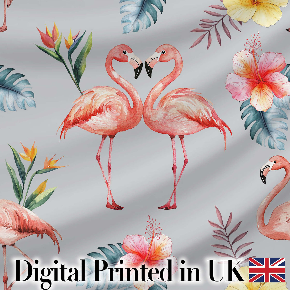Elegant Pink Flamingos Tropical Flowers on Grey Background Seamless Pattern Digital Print Fabric by the Metre UK Sewing Quilting Textile