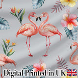 Elegant Pink Flamingos Tropical Flowers on Grey Background Seamless Pattern Digital Print Fabric by the Metre UK Sewing Quilting Textile