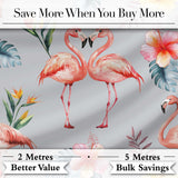 Elegant Pink Flamingos Tropical Flowers on Grey Background Seamless Pattern Digital Print Fabric by the Metre UK Sewing Quilting Textile