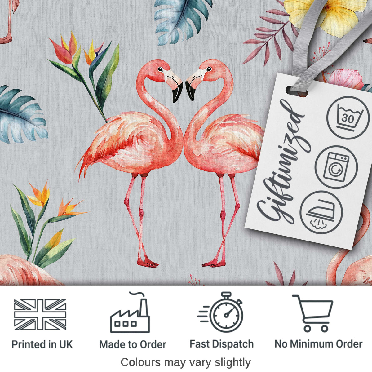 Elegant Pink Flamingos Tropical Flowers on Grey Background Seamless Pattern Digital Print Fabric by the Metre UK Sewing Quilting Textile