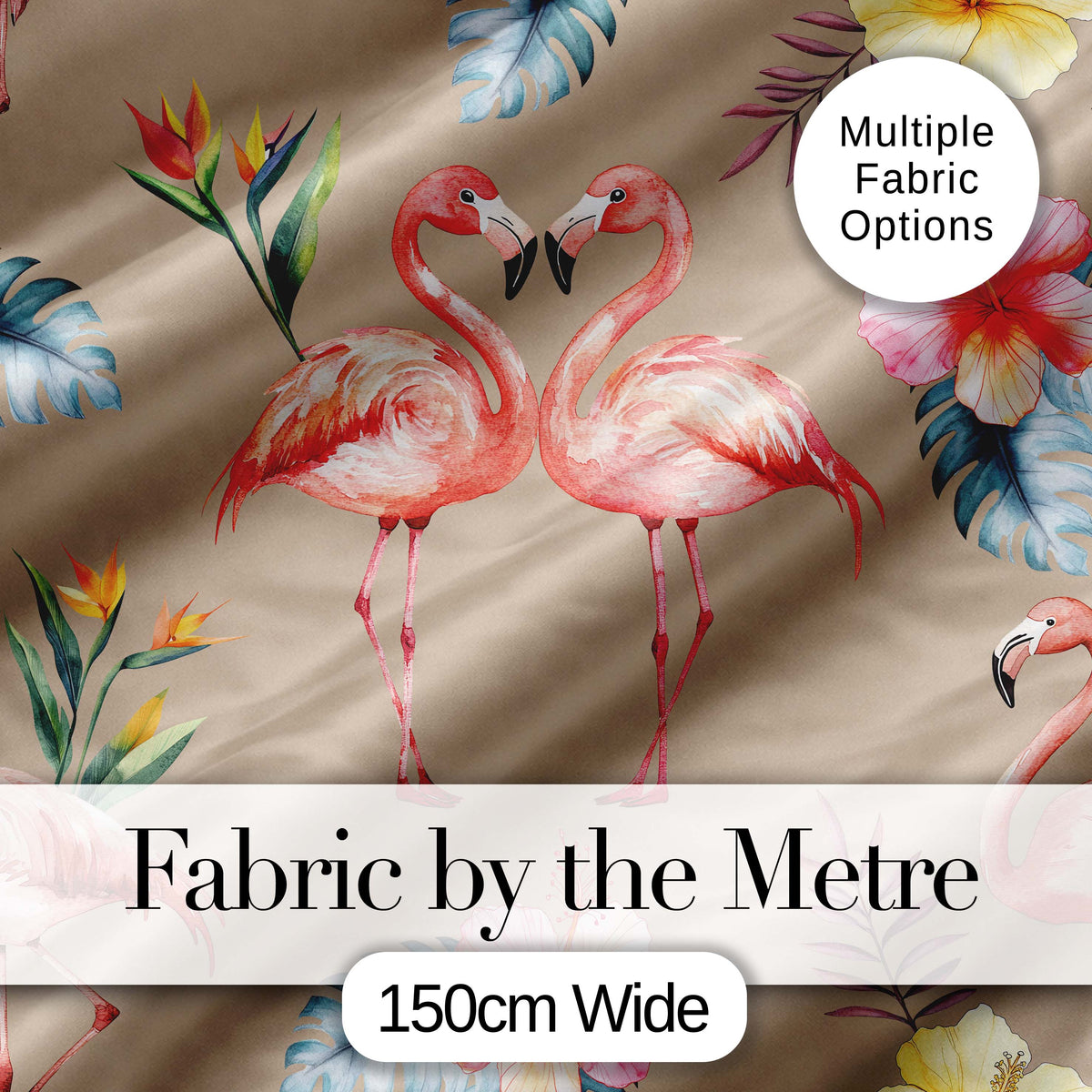 Elegant Pink Flamingos Tropical Flowers on Tan Background Seamless Pattern Digital Print Fabric by the Metre UK Sewing Quilting Textile