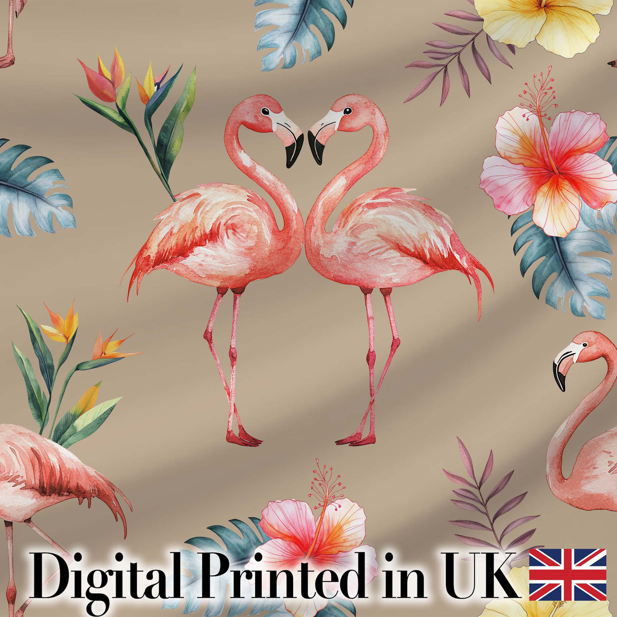 Elegant Pink Flamingos Tropical Flowers on Tan Background Seamless Pattern Digital Print Fabric by the Metre UK Sewing Quilting Textile