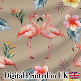 Elegant Pink Flamingos Tropical Flowers on Tan Background Seamless Pattern Digital Print Fabric by the Metre UK Sewing Quilting Textile