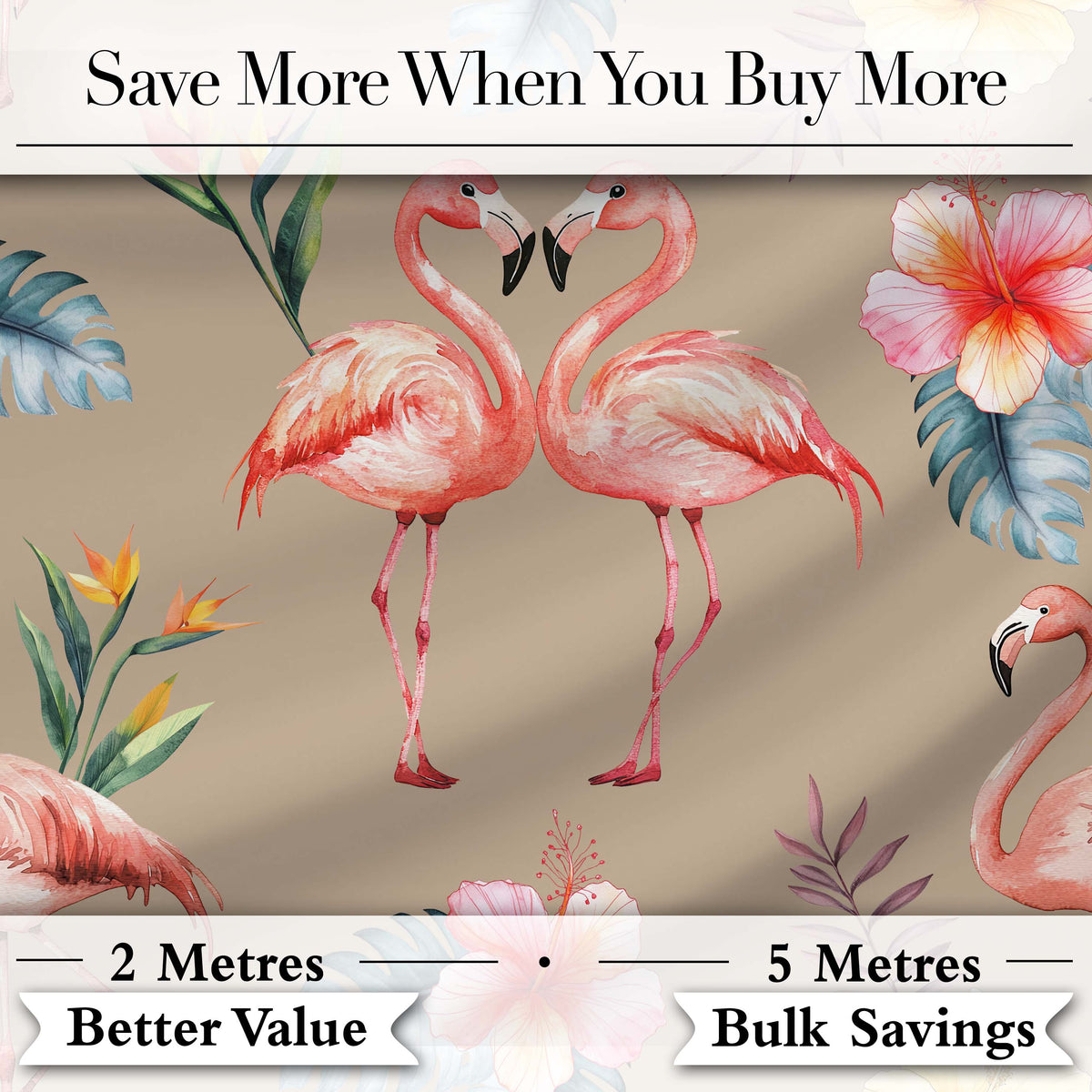 Elegant Pink Flamingos Tropical Flowers on Tan Background Seamless Pattern Digital Print Fabric by the Metre UK Sewing Quilting Textile
