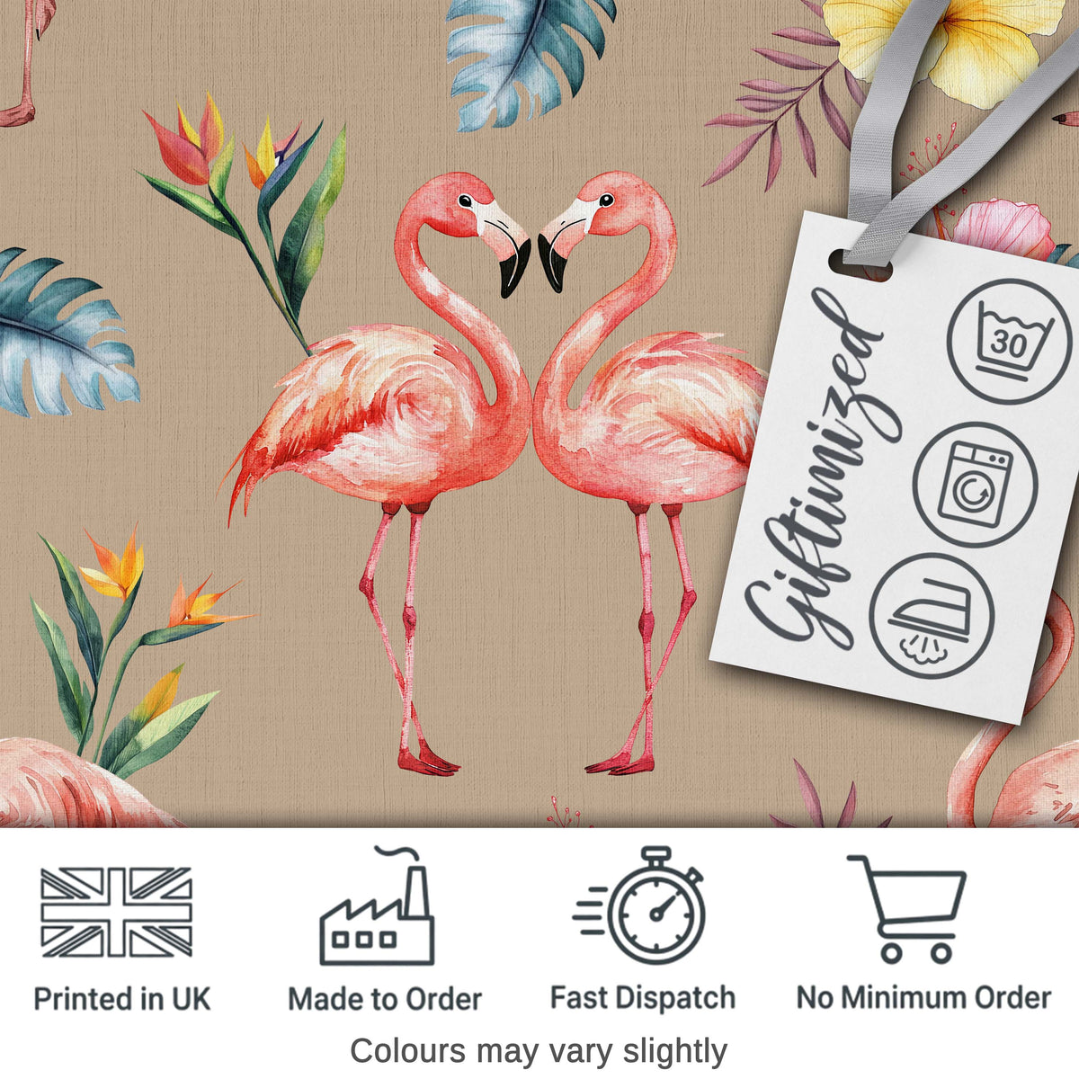 Elegant Pink Flamingos Tropical Flowers on Tan Background Seamless Pattern Digital Print Fabric by the Metre UK Sewing Quilting Textile