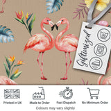Elegant Pink Flamingos Tropical Flowers on Tan Background Seamless Pattern Digital Print Fabric by the Metre UK Sewing Quilting Textile