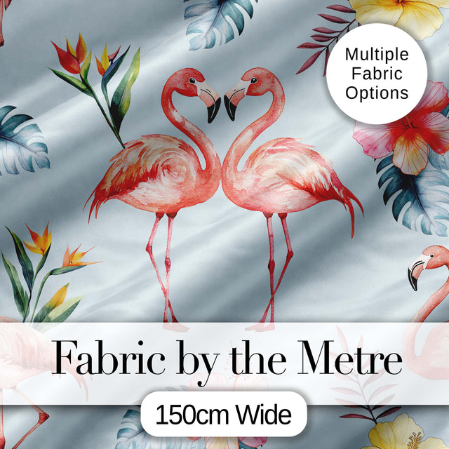 Elegant Pink Flamingos Tropical Flowers on Blue Background Seamless Pattern Digital Print Fabric by the Metre UK Sewing Quilting Textile