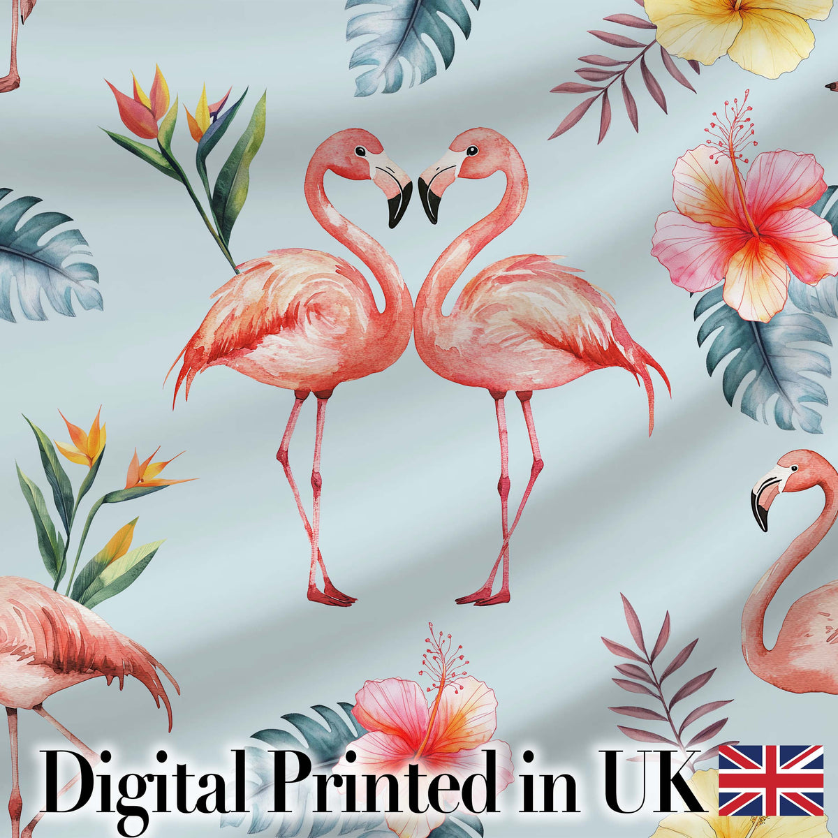 Elegant Pink Flamingos Tropical Flowers on Blue Background Seamless Pattern Digital Print Fabric by the Metre UK Sewing Quilting Textile